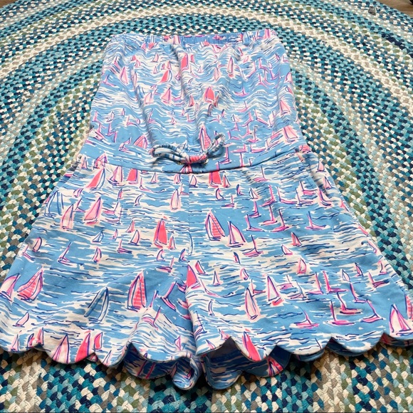Blue Strapless Jumpsuit with Pink Sailboat Print - Picture 4 of 10